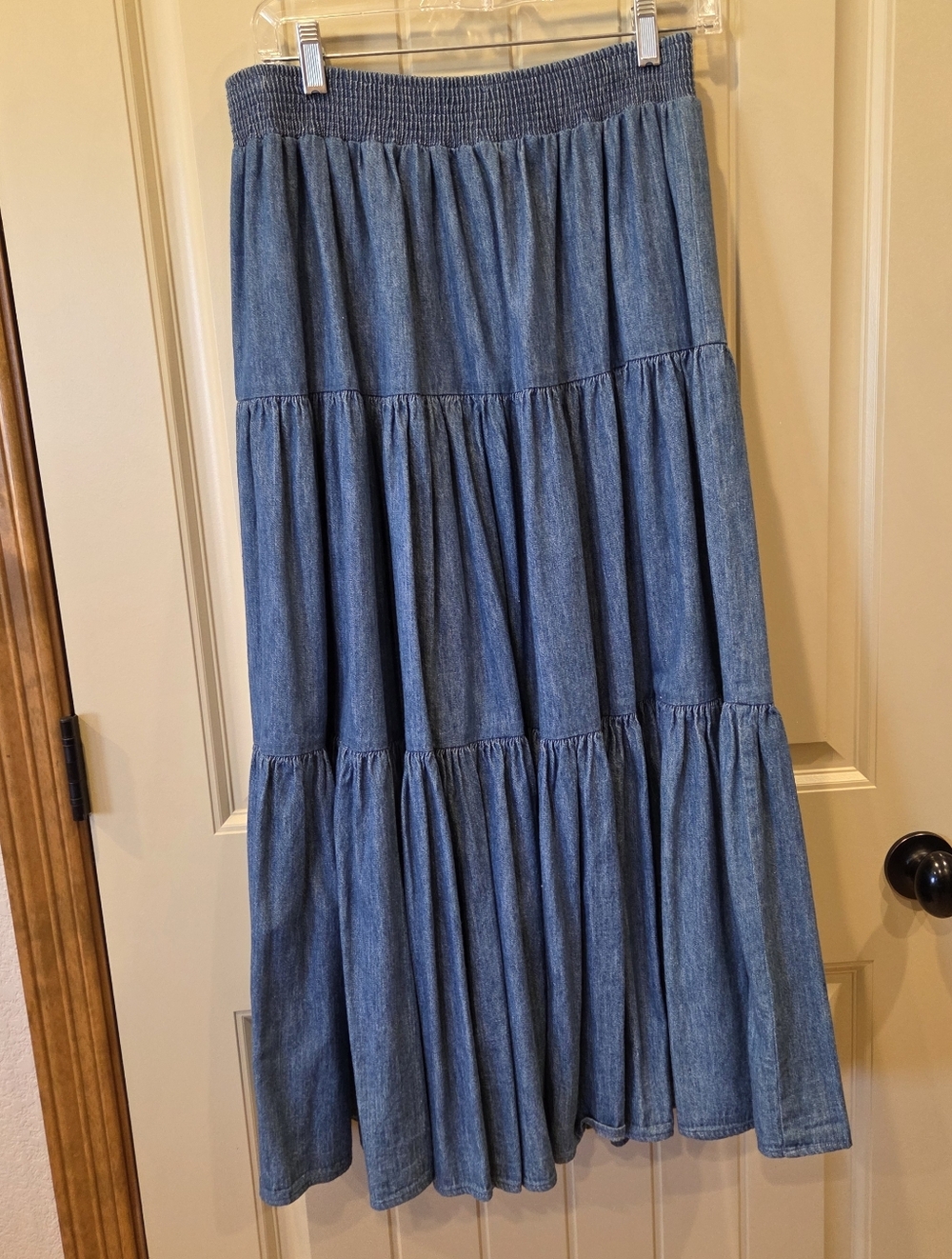Tiered Denim Maxi Skirt Boho Western Chambray Blue Jean Long Flowy Skirt